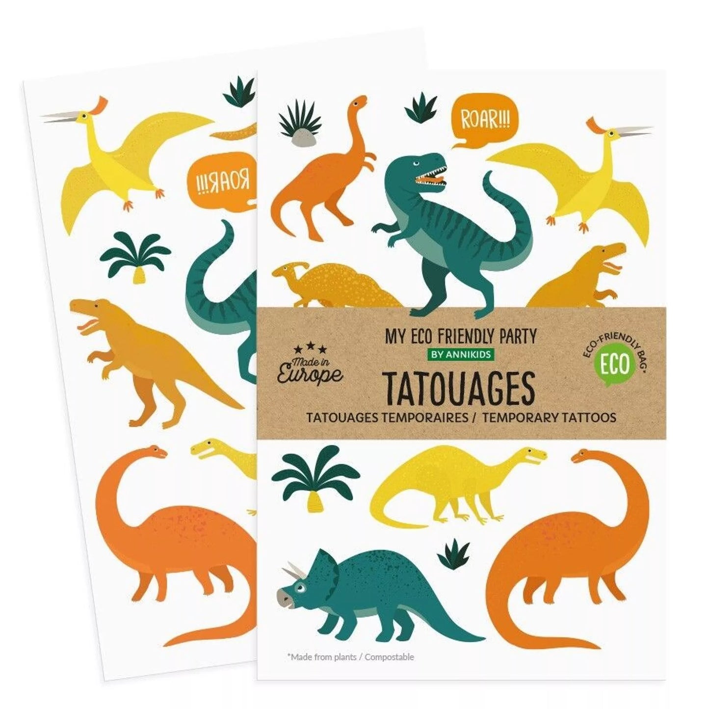 Tatuajes temporales de Dinosaurios - Eco-responsable