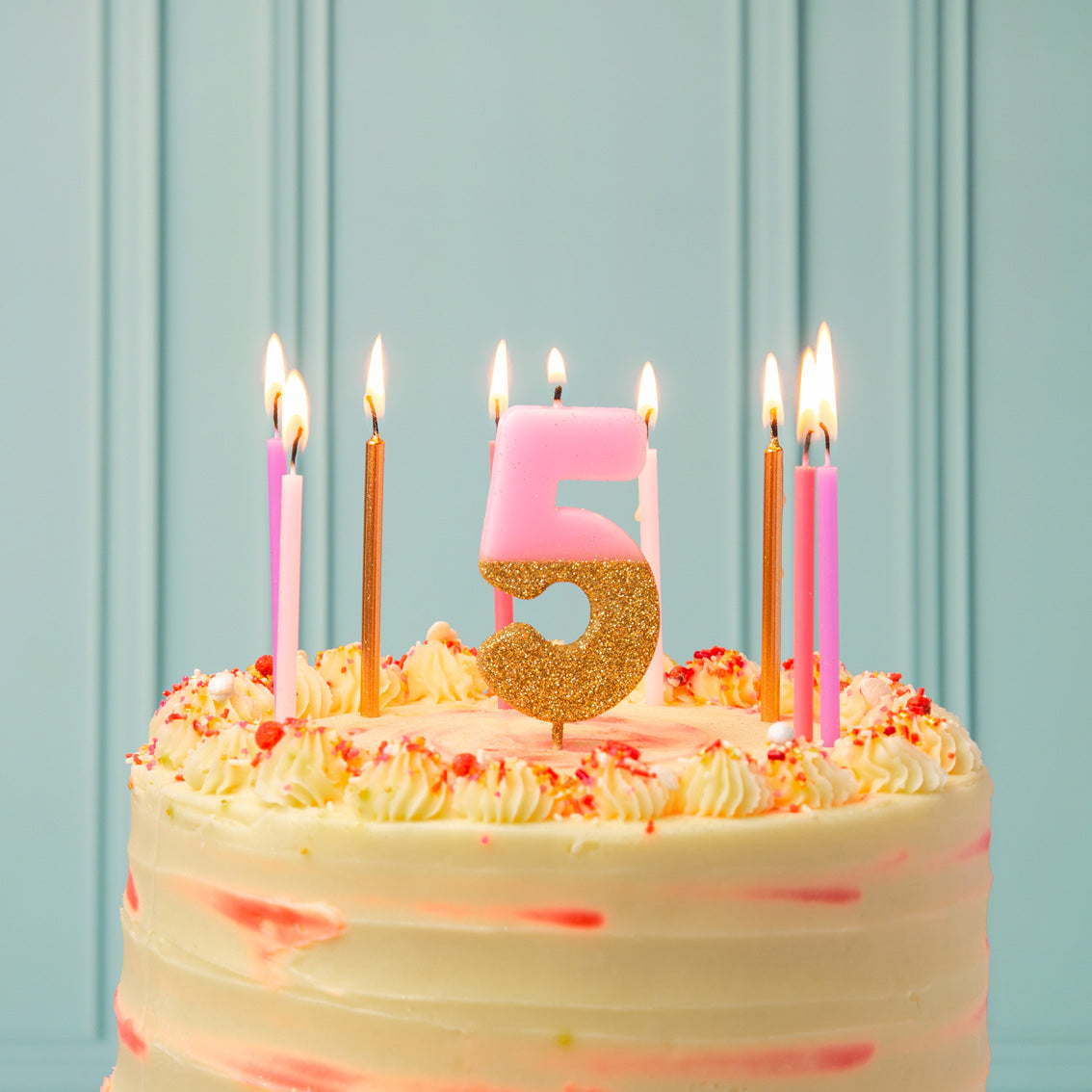 Velas número 5, purpurina rosa