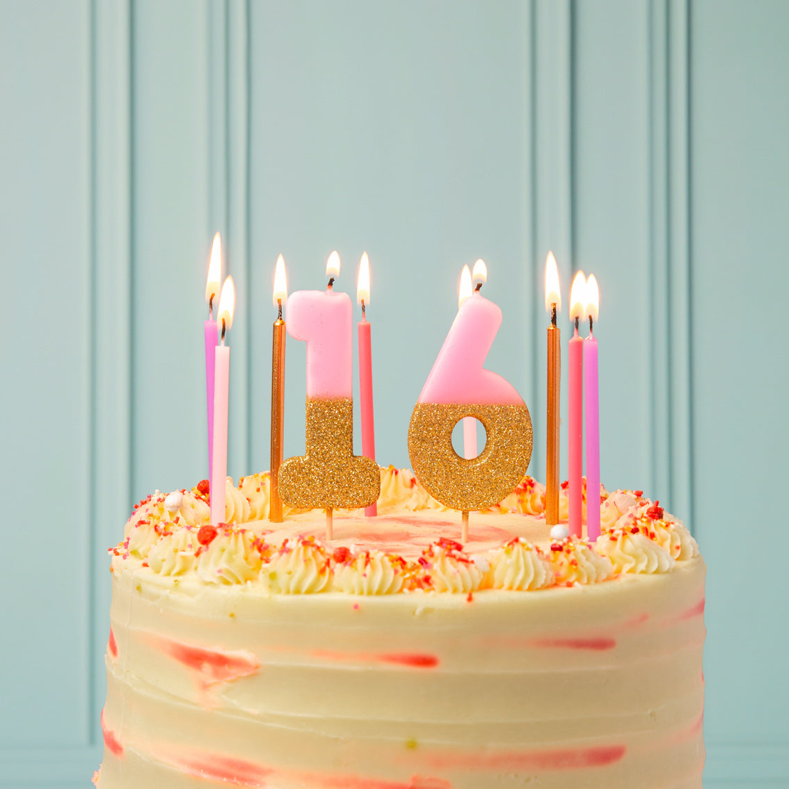 Velas número 6, purpurina rosa