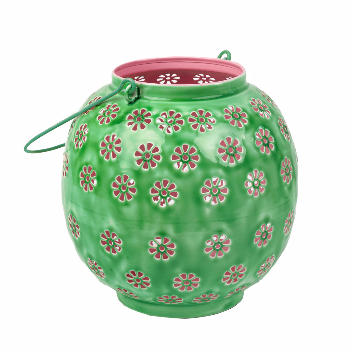 Farol metálico con flores geométricas en verde y rosa - Grande
