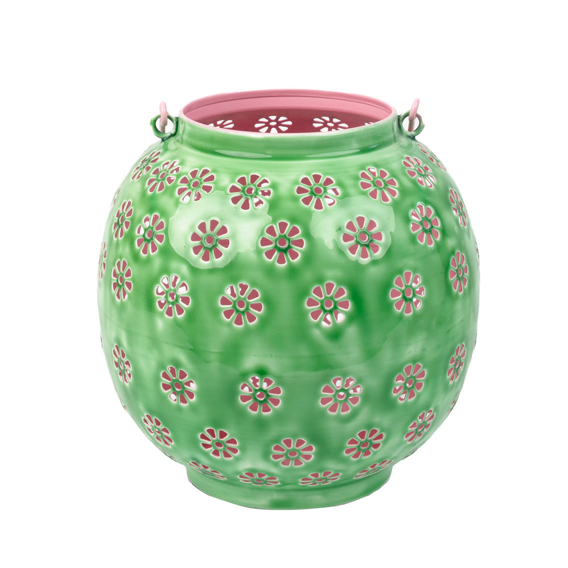 Farol metálico con flores geométricas en verde y rosa - Grande