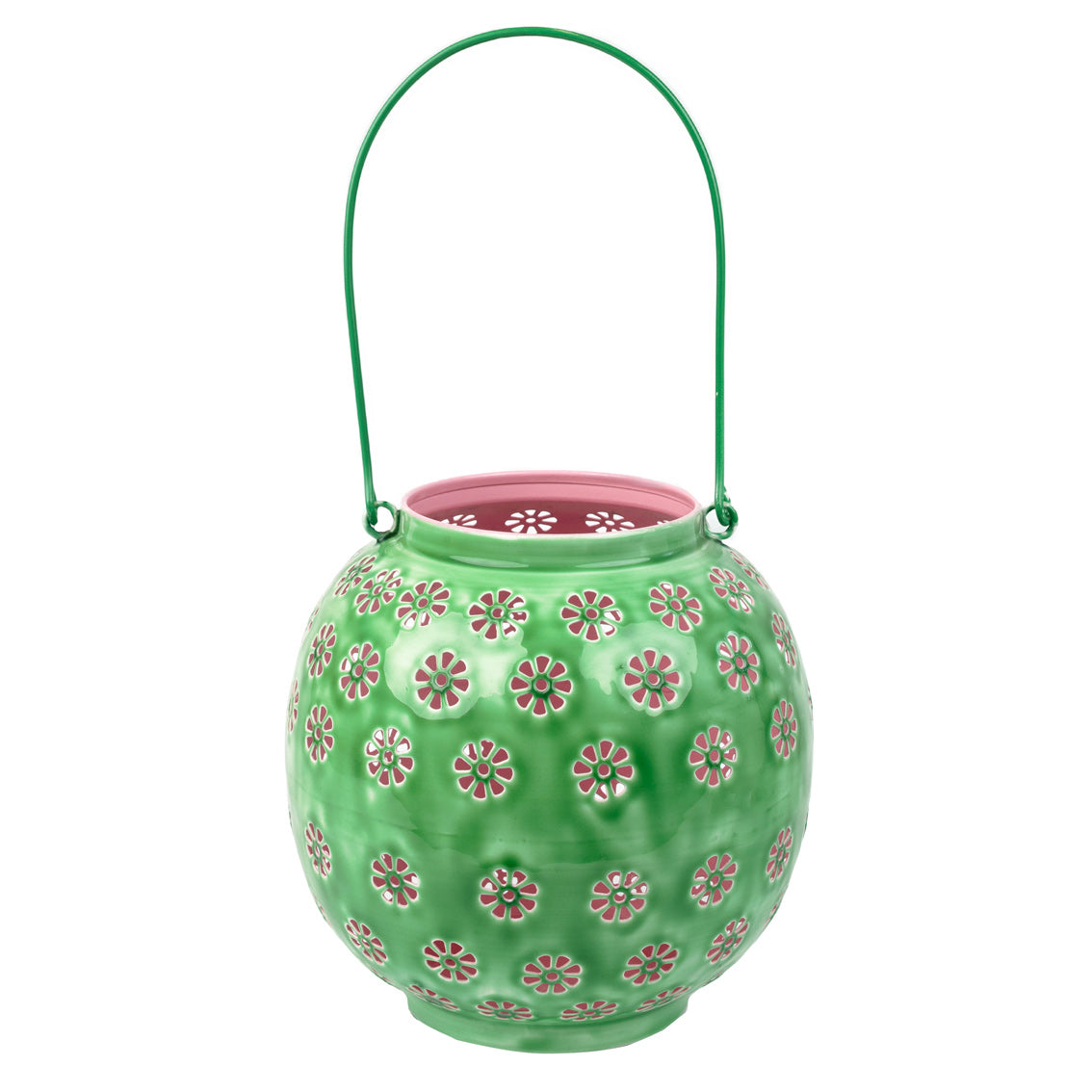 Farol metálico con flores geométricas en verde y rosa - Grande