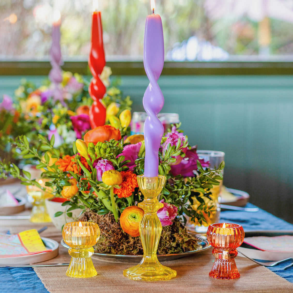 Portavelas de vidrio amarillo, decoración de primavera