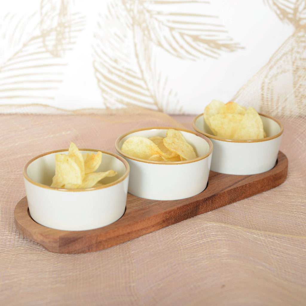 Set de 3 cuencos para aperitivos con bandeja de madera 29x10 cm