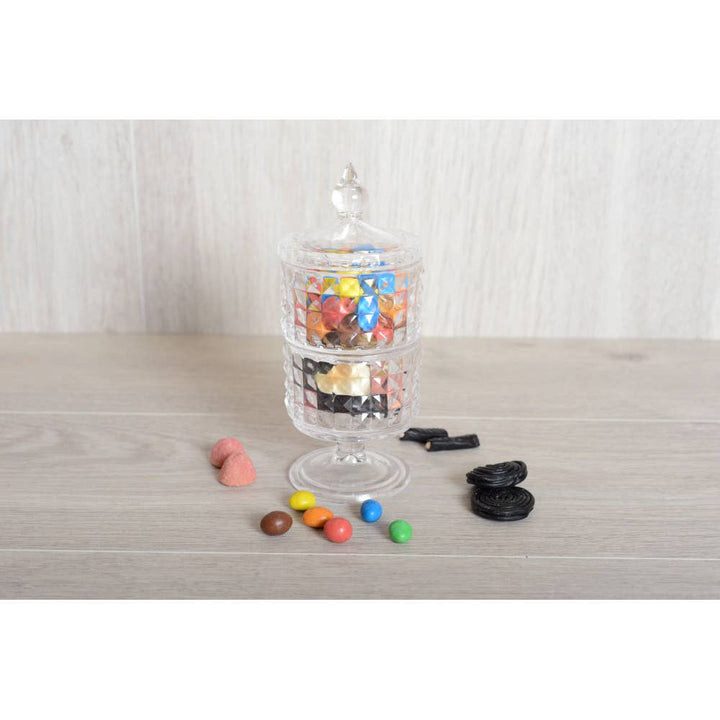 Bombonera de vidrio de dos niveles con soporte y tapa, h 24 cm