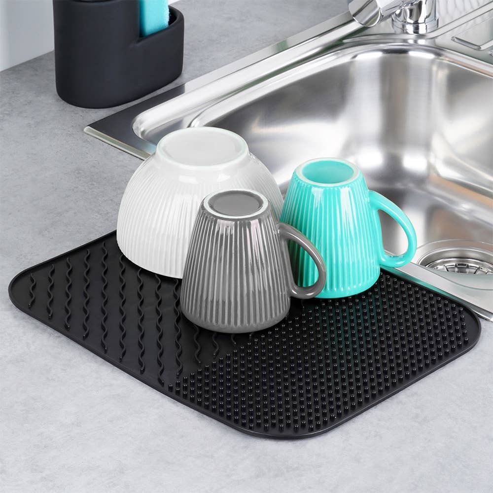 Alfombrilla de secado para platos de silicona negra 34 x 26,5 cm 229241