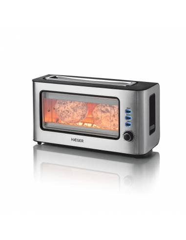 Tostadora con ventana de vidrio HAEGER - apertura extra ancha, 1000 W, 6 niveles de temperatura, inox