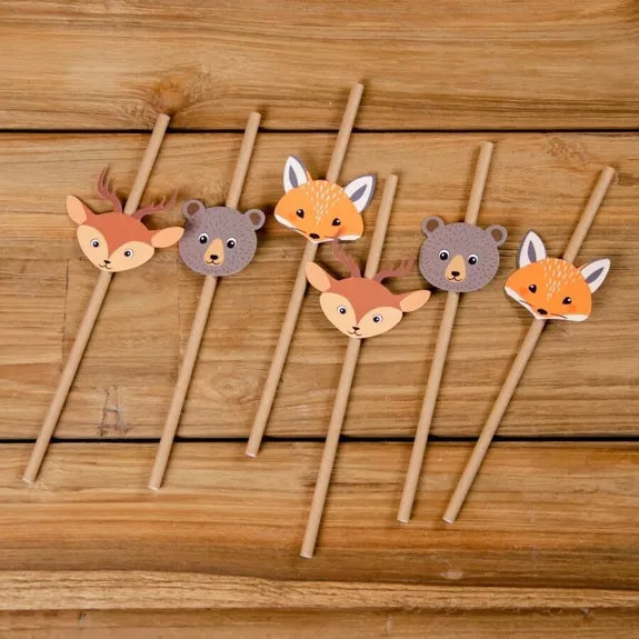 6 pajitas de papel de animales del bosque