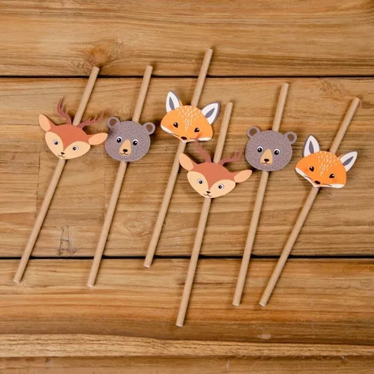 6 pajitas de papel de animales del bosque