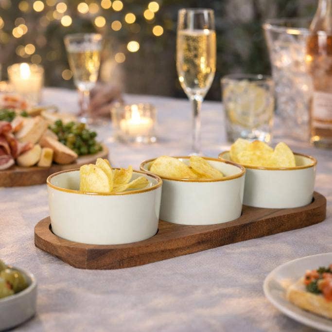 Set de 3 cuencos para aperitivos con bandeja de madera 29x10 cm