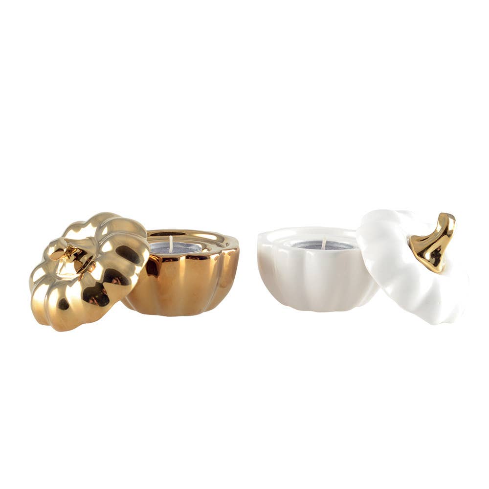 Set de 2 portavelas en forma de calabaza blanca y dorada