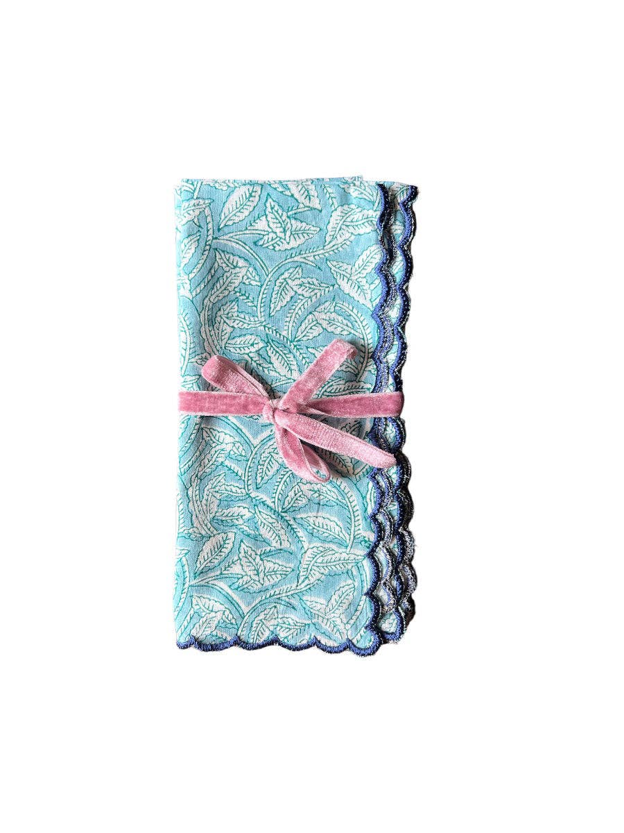 SET 2 SERVILLETAS ALGODÓN BLOCK PRINT CON FESTÓN ONDA AZUL