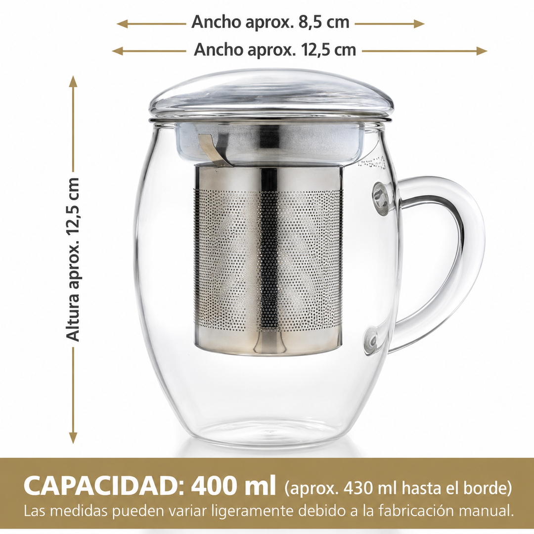 Taza de té de vidrio con infusor de acero inoxidable y tapa – 400 ml