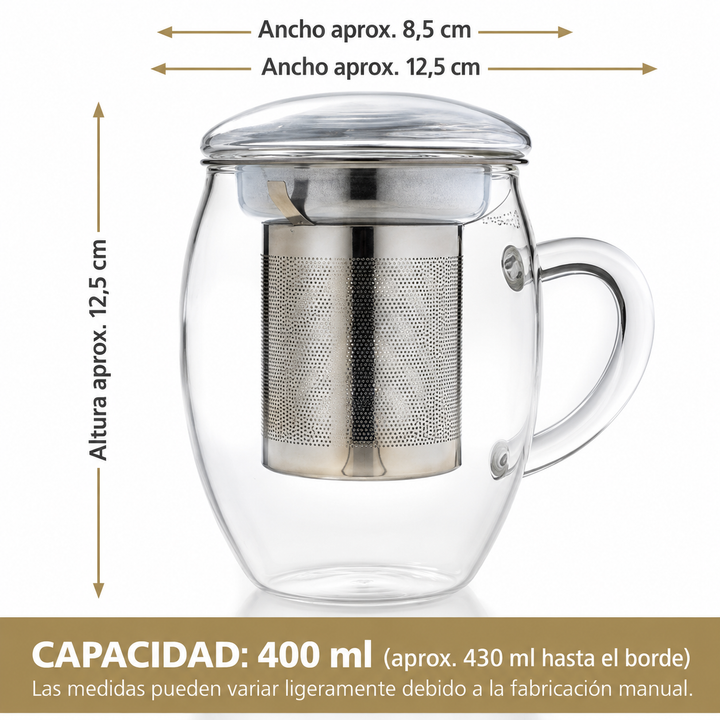Taza de té de vidrio con infusor de acero inoxidable y tapa – 400 ml