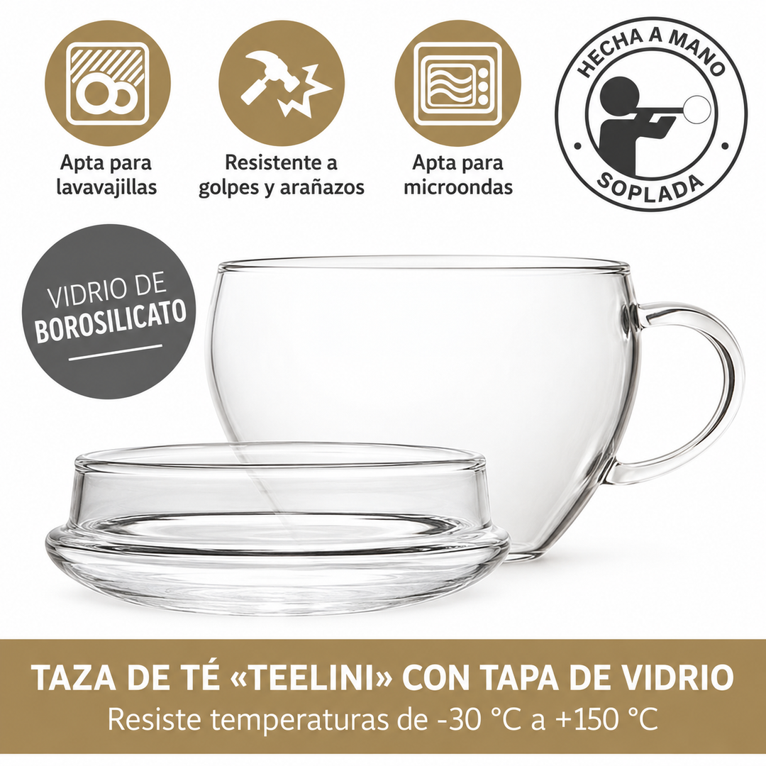 Taza de vidrio Teelini de 200 ml con tapa integrada