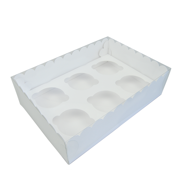 Caja de cartón blanca con tapa de PVC para 6 cupcakes