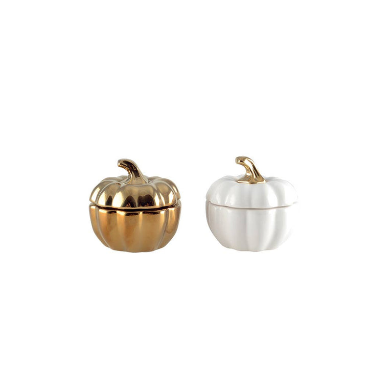 Set de 2 portavelas en forma de calabaza blanca y dorada