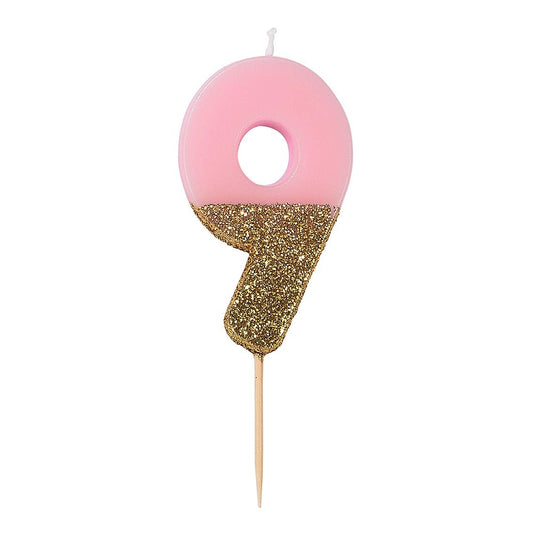 Velas número 9, purpurina rosa