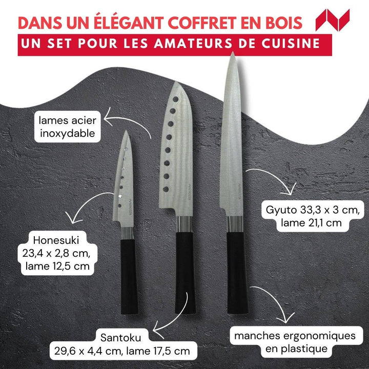 Set de 3 cuchillos de estilo japonés en acero Santoku, Gyuto y Honesuki
