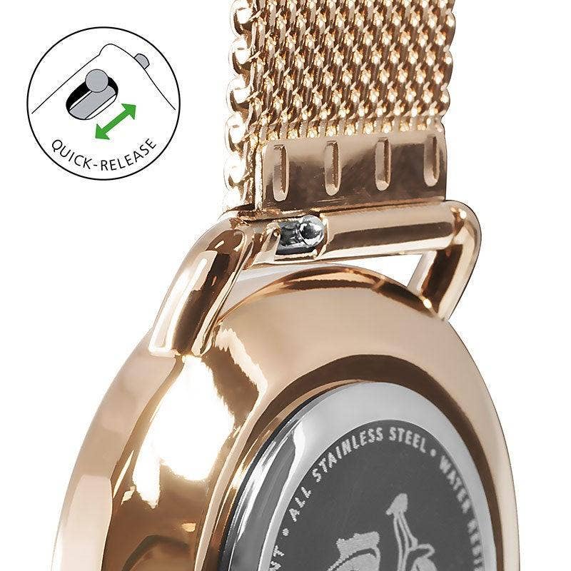 Reloj dúo Mia 34 con correa acolchada blanca y malla en oro rosa