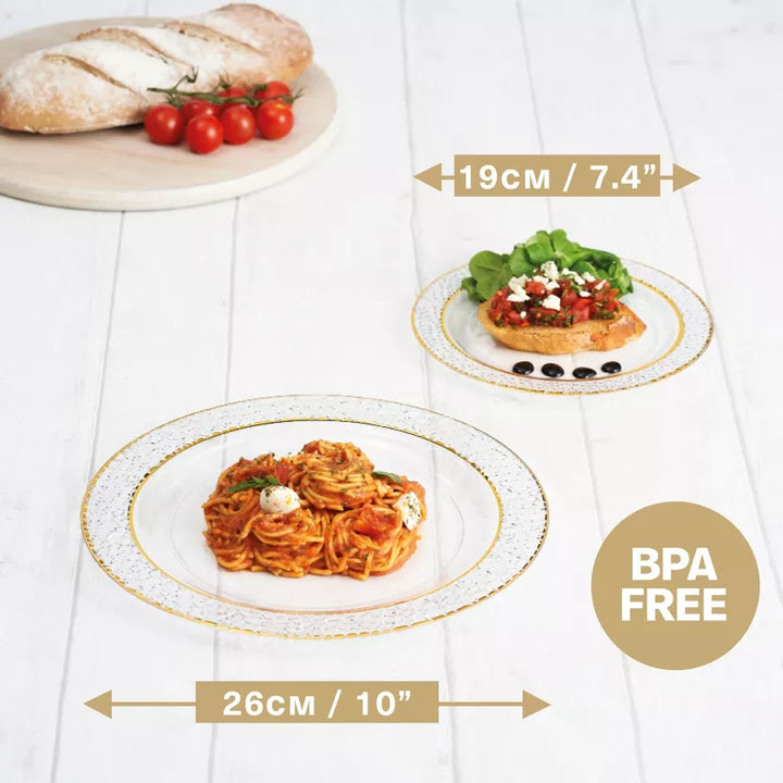 Platos transparente premium con borde dorado martilla 26 cm
