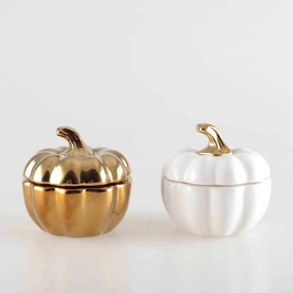 Set de 2 portavelas en forma de calabaza blanca y dorada