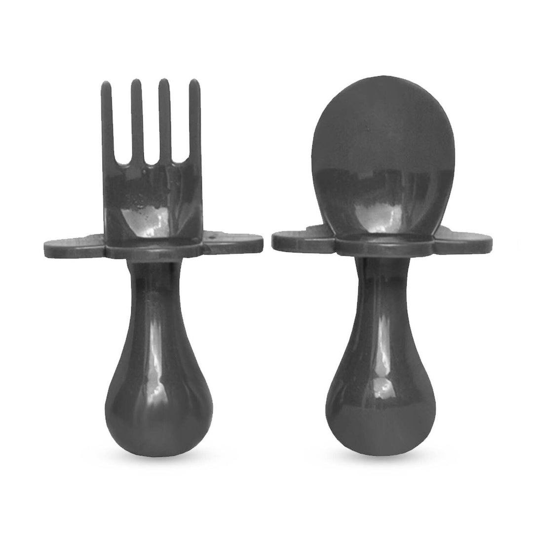 Set de cubiertos gris ergonómicos para bebé con sistema de seguridad