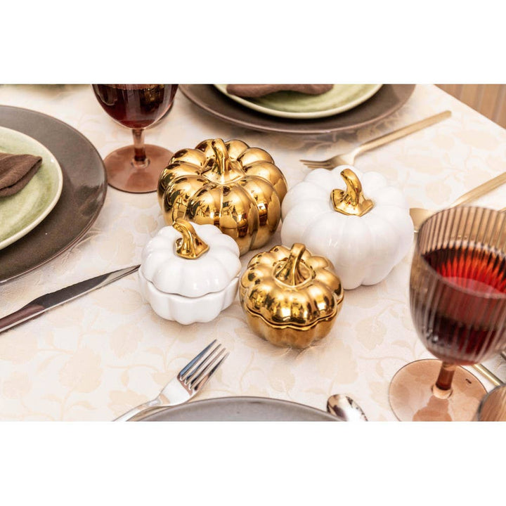 Set de 2 portavelas en forma de calabaza blanca y dorada