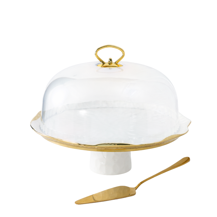 Soporte para tarta blanca con bordes dorados 29 cm con campana
