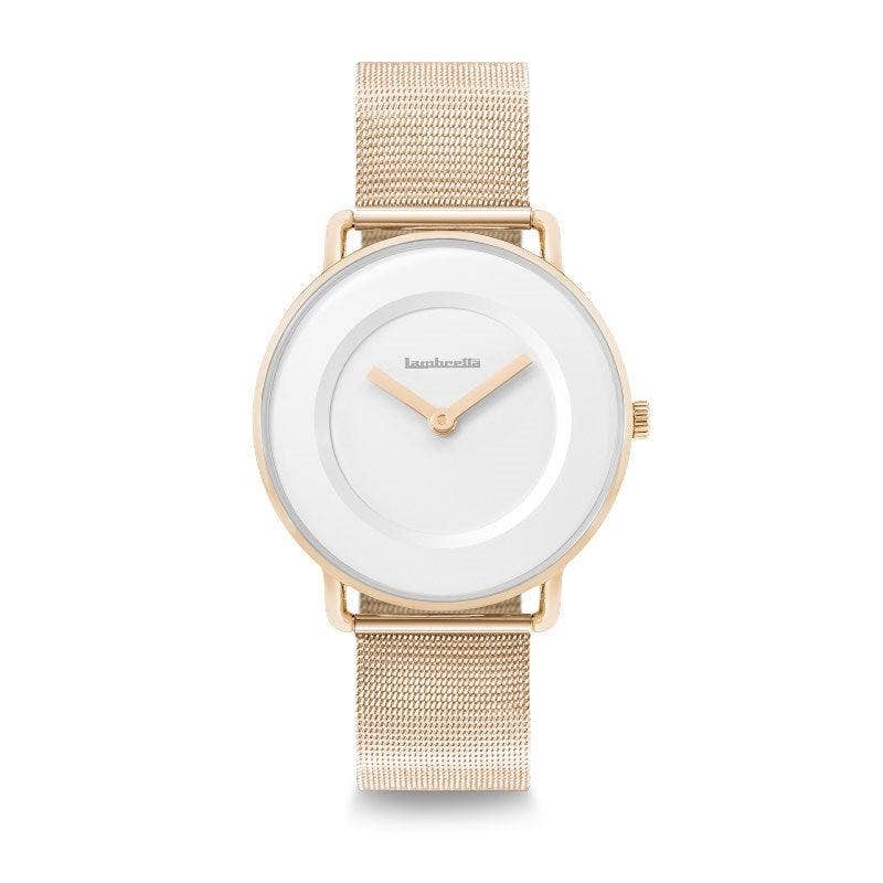 Reloj dúo Mia 34 con correa acolchada blanca y malla en oro rosa