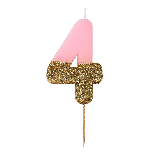 Velas número 4, purpurina rosa