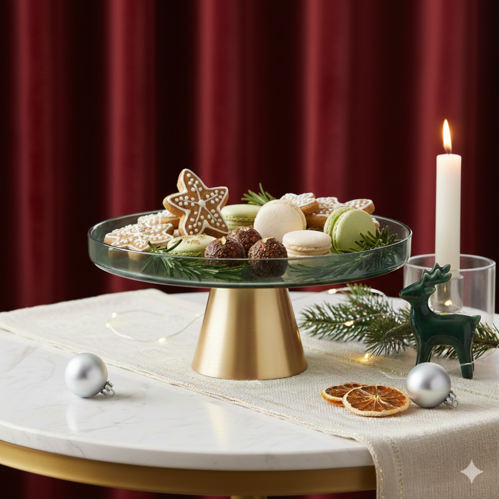 Soporte para pastel verde con base dorada 21x21x8 cm