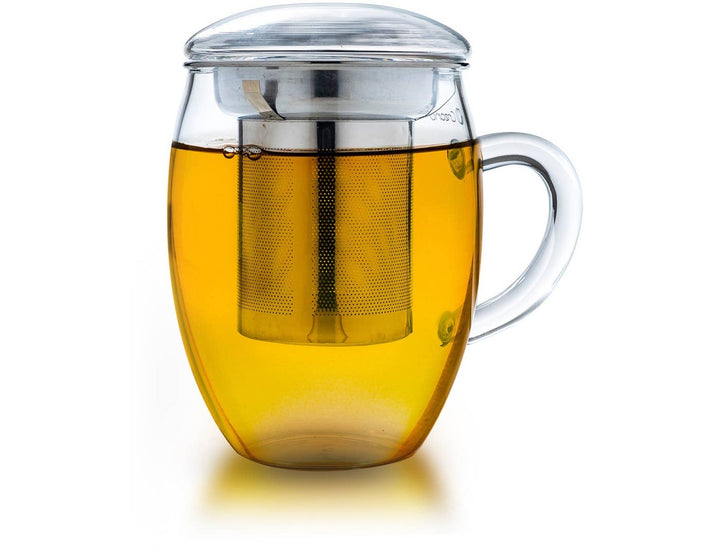 Taza de té de vidrio con infusor de acero inoxidable y tapa – 400 ml