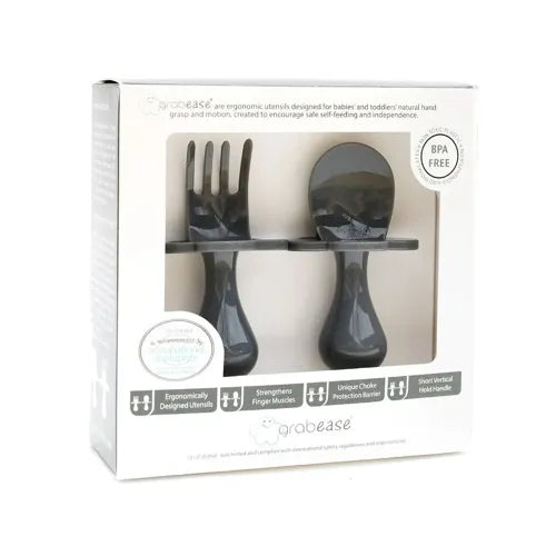 Set de cubiertos gris ergonómicos para bebé con sistema de seguridad