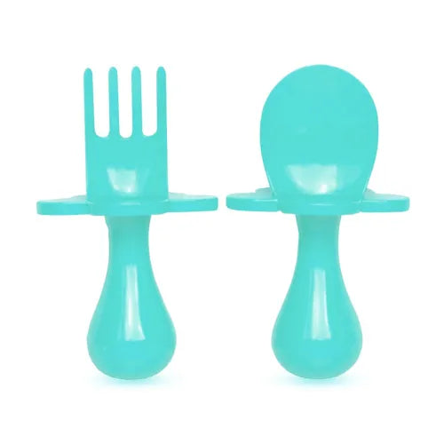 Set de cubiertos verde azulado ergonómicos para bebé con sistema de seguridad