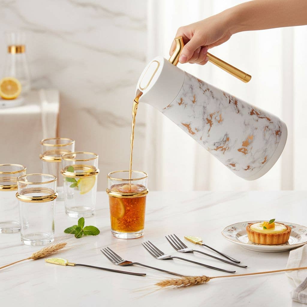 Jarra térmica  aislante de efecto mármol con asa dorada 1 L