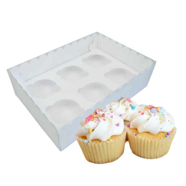 Caja de cartón blanca con tapa de PVC para 6 cupcakes