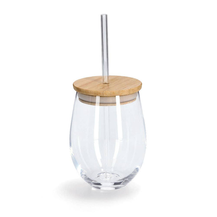 Vaso con tapa de bambú y pajilla de vidrio, tamaño M