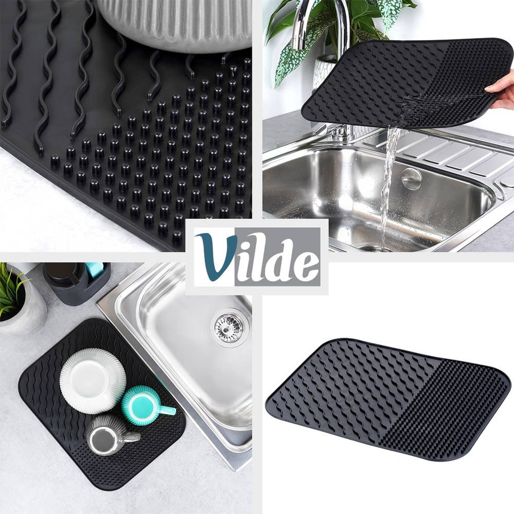 Alfombrilla de secado para platos de silicona negra 34 x 26,5 cm 229241