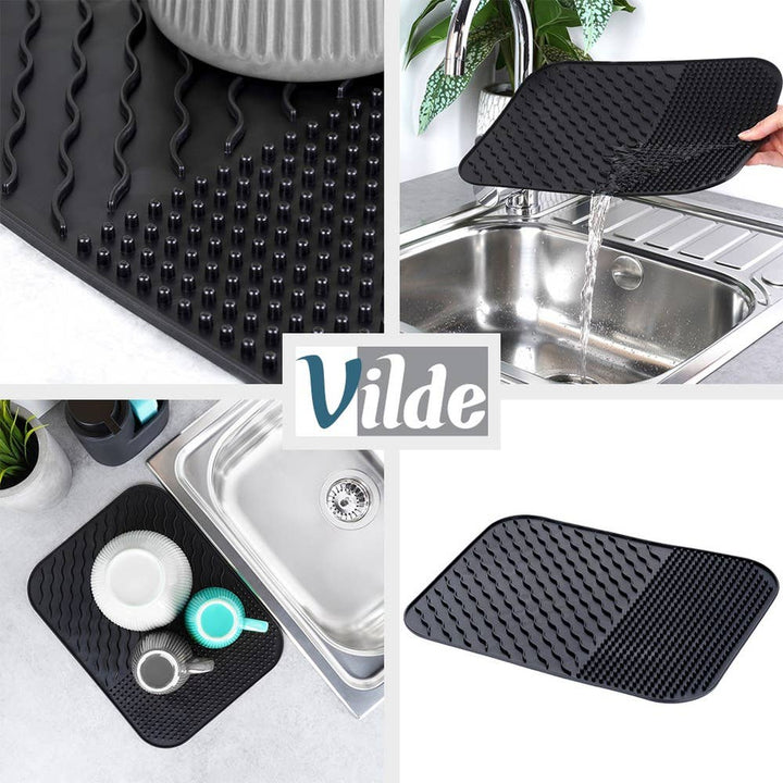 Alfombrilla de secado para platos de silicona negra 34 x 26,5 cm 229241