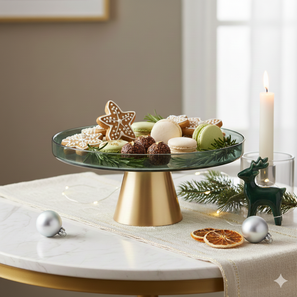 Soporte para pastel verde con base dorada 21x21x8 cm