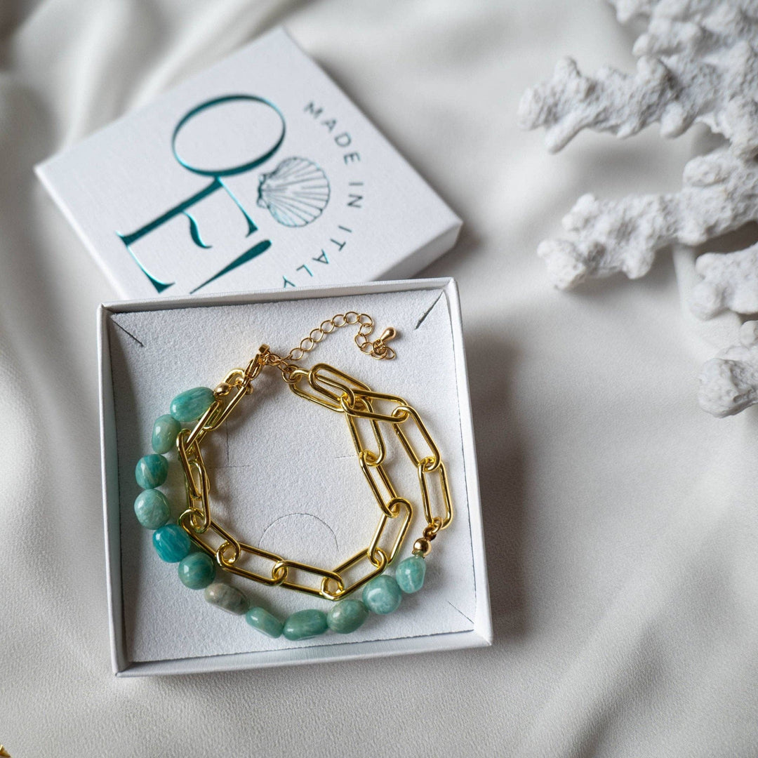Pulsera de latón bañada en oro de 18 quilates con amazonita baño de oro de 18 quilates