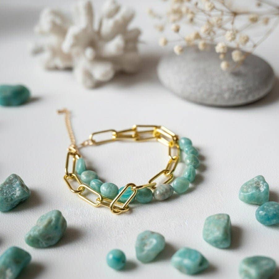 Pulsera de latón bañada en oro de 18 quilates con amazonita baño de oro de 18 quilates