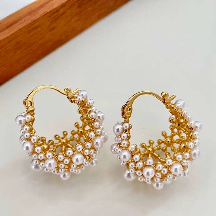 Pendientes de aro con cesta romántica de perlas - Oro y plata