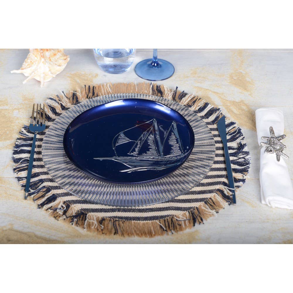 Mantel individual de arpillera a rayas beige y azul
