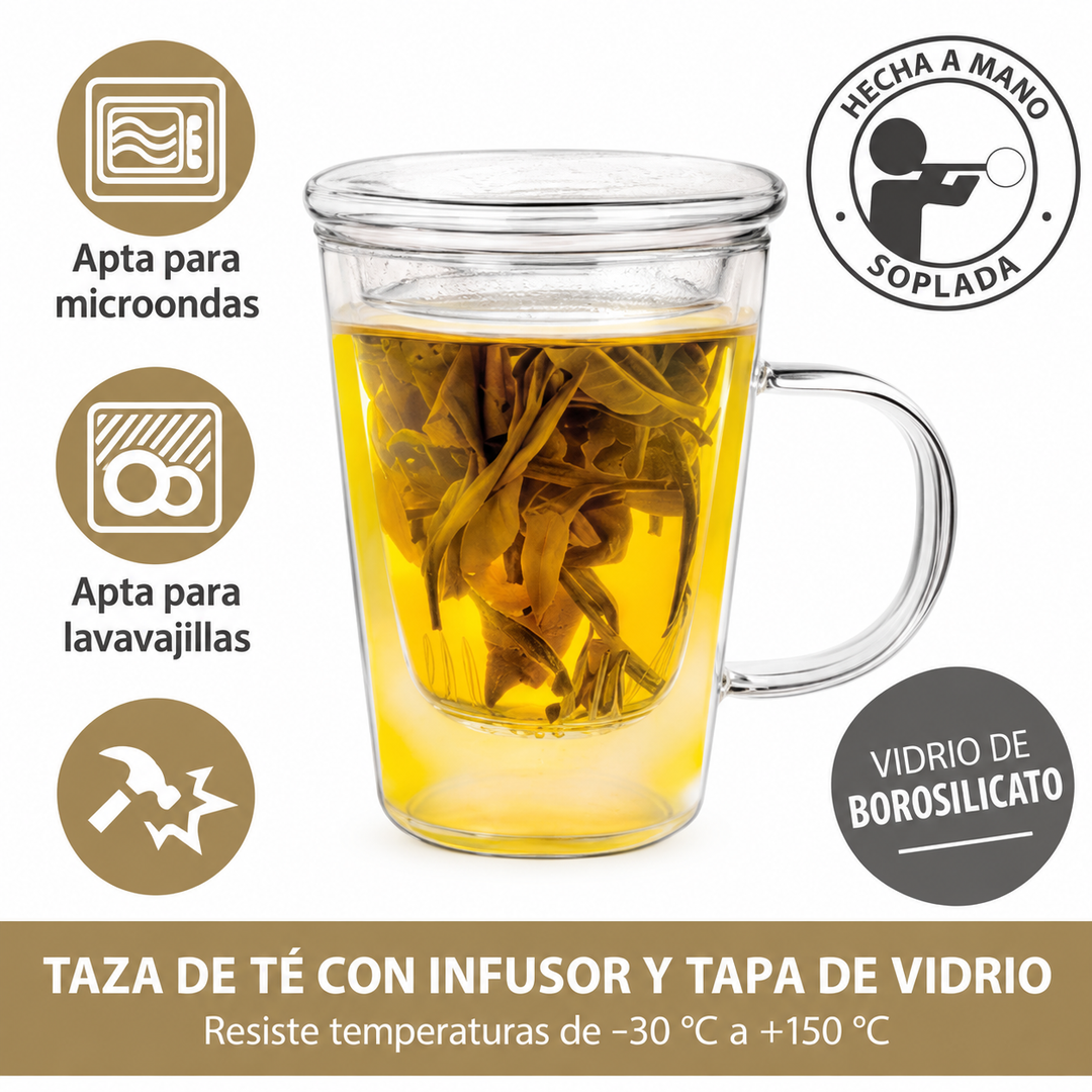 Taza de té de vidrio con infusor y tapa – 400 ml