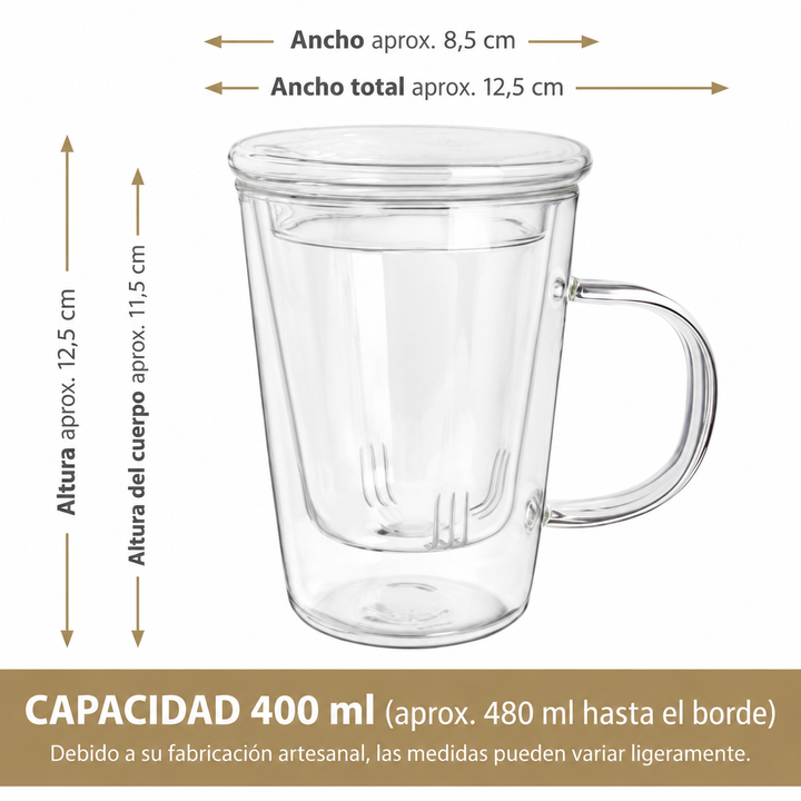 Taza de té de vidrio con infusor y tapa – 400 ml