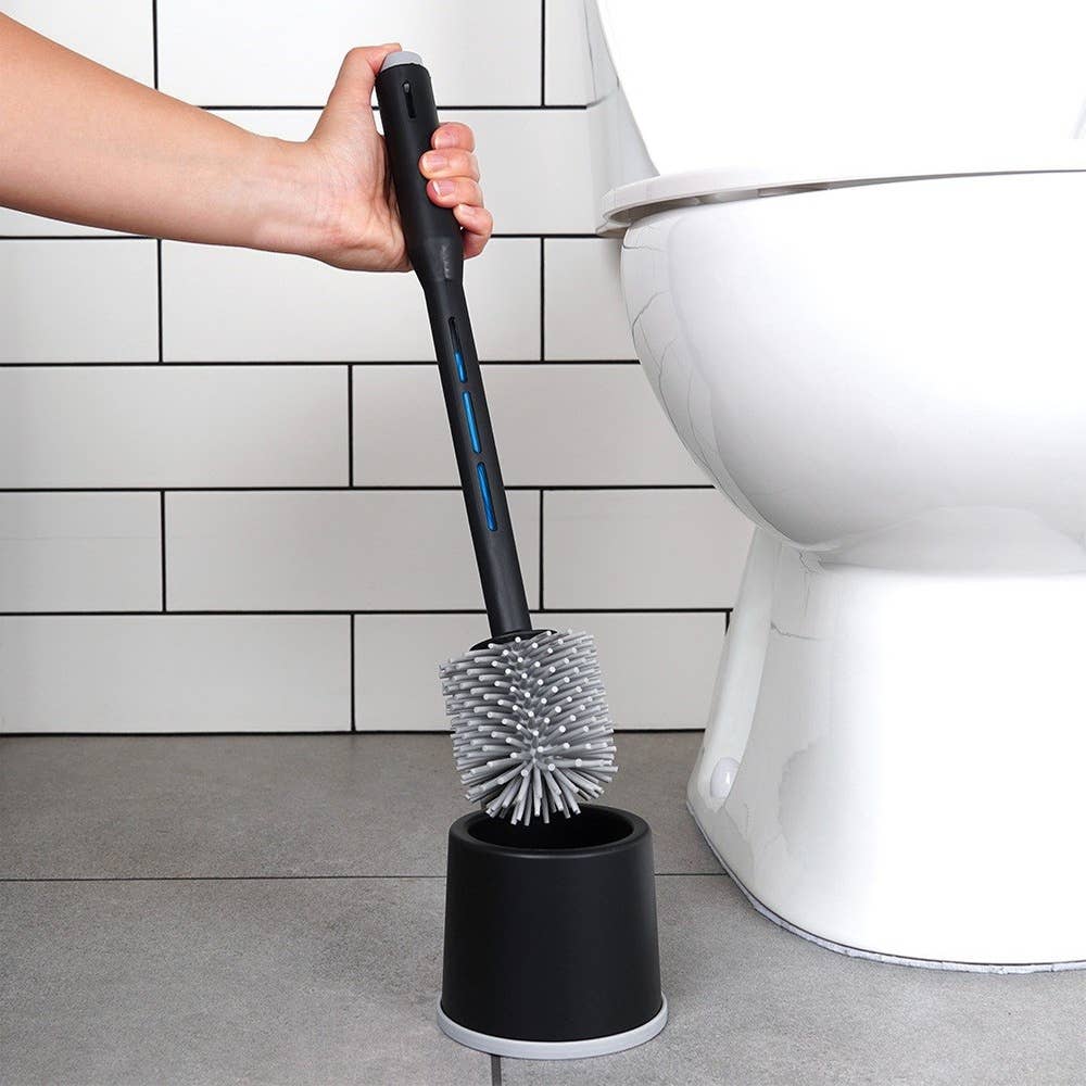 Escobilla para inodoro de silicona con soporte y dispensador negra 40 cm 568062