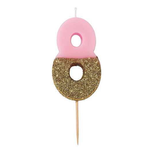 Velas número 8,purpurina rosa