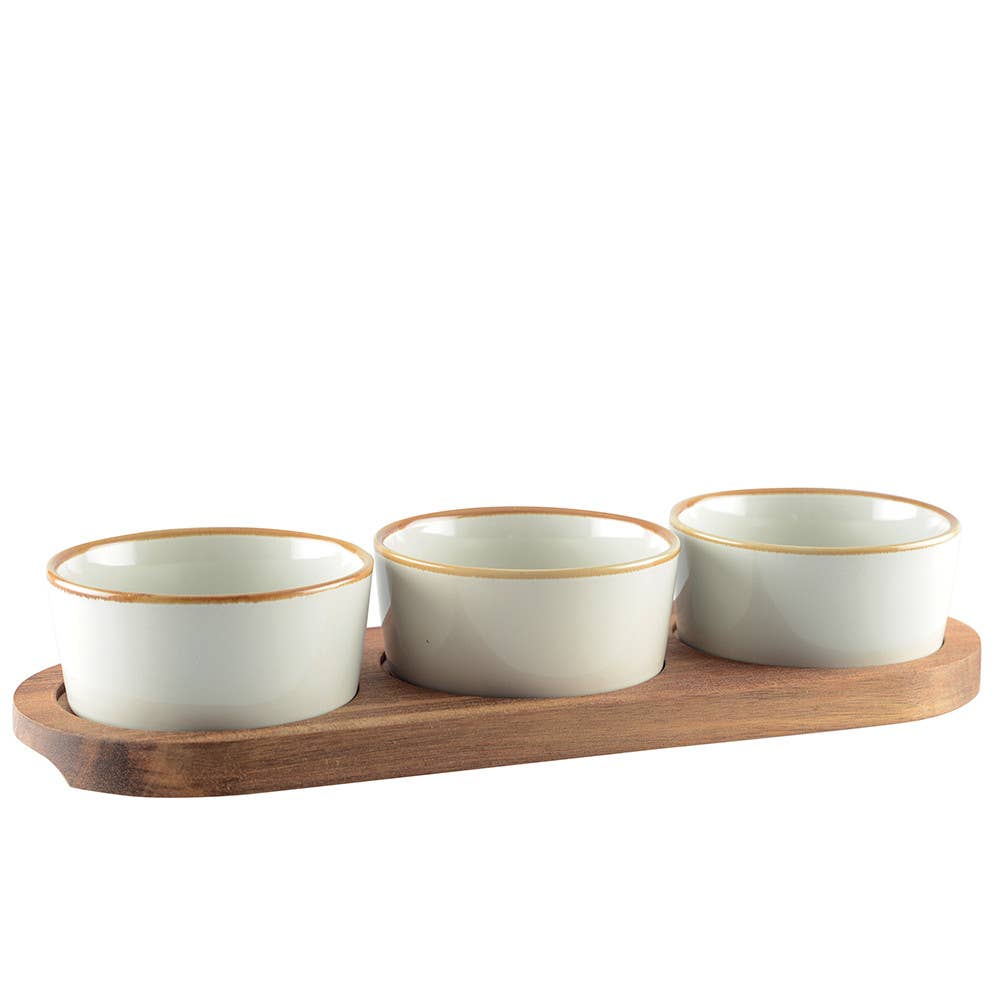 Set de 3 cuencos para aperitivos con bandeja de madera 29x10 cm